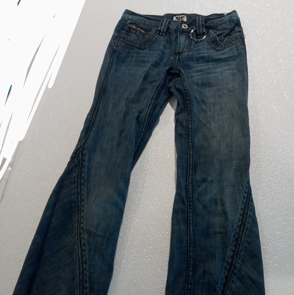 Antic Denim jeans long flare leather pockets hand stitching.